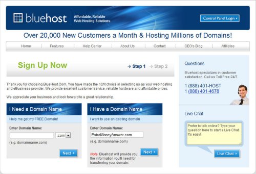 Enter your domain at Blue Host