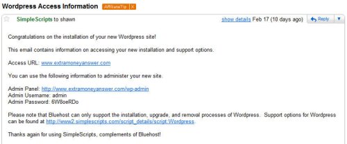 WordPress access information via email